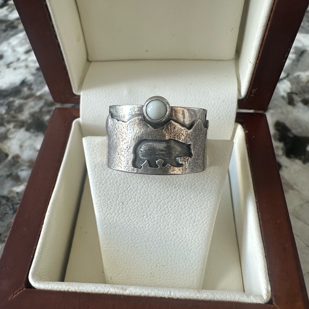 Sterling Silver Bear Ring with White Agate Accent